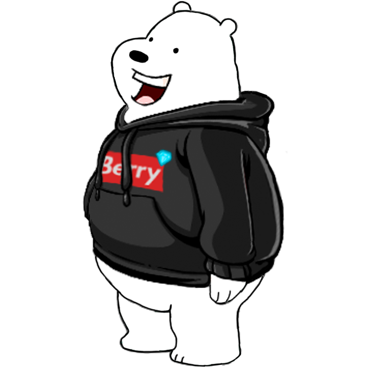 Urso branco, sorridente. Tem uma camisola preta, com um diamante ao canto e com o seu nome inscrito, 'Berry'.